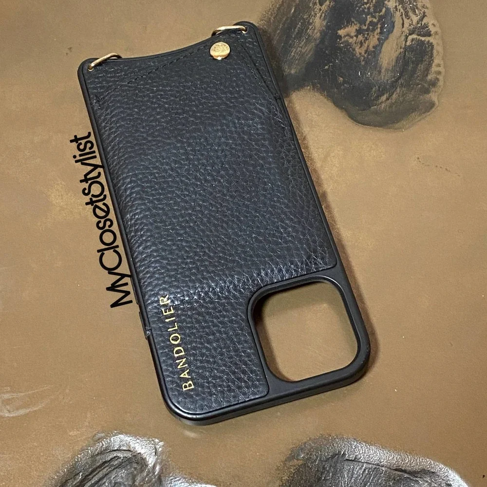 BANDOLIER Pebbled Leather iPhone 12&12Pro Crossbody Purse CASE NEW Black Gold